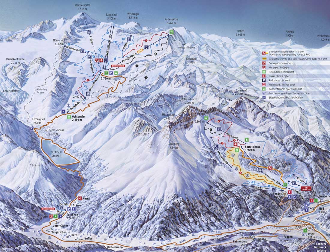 Plattegrond pisteplan van het skigebied van Ried en Fendels.